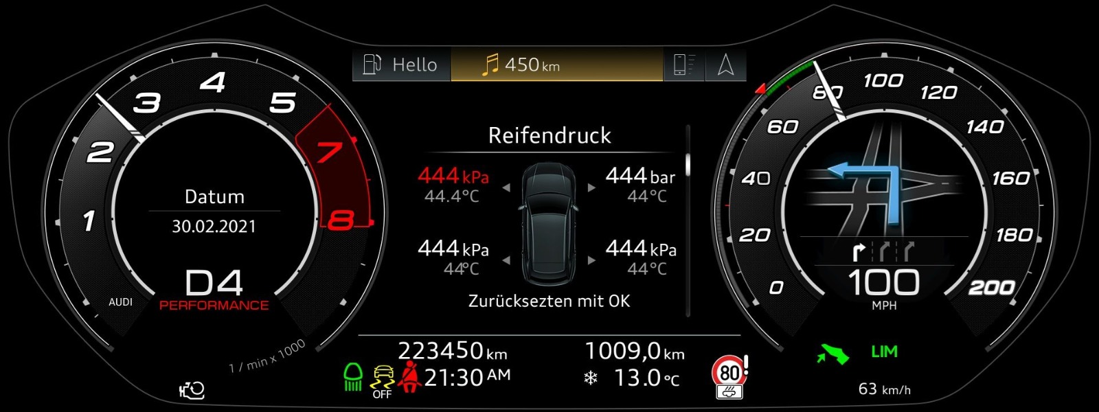 Instrument cluster practice screenshot with speedometer, tachometer and tyre pressure page